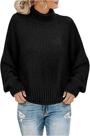 Womens Black Turtleneck Sweater Long Sleeve Casual Sweater Winter Trendy Sweater Loose Fitting Sweater Blouse