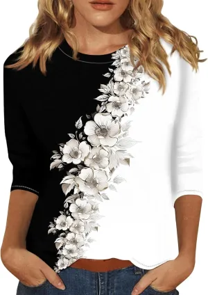 Womens Blouses 3/4 Sleeve Crewneck Shirts Summer Flowy Clothes Graphic Cute Tops Loose Casual Tees