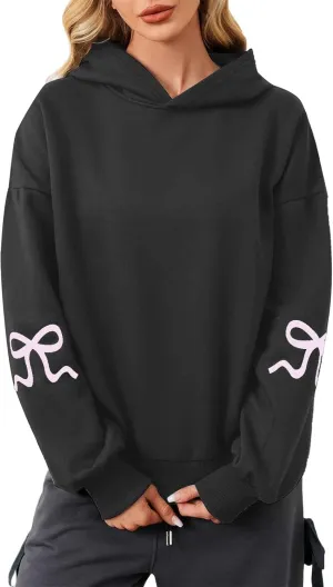 Women's Bow Trim Print Oversized Crewneck Sweatshirt Cute Graphic Sweatshirts Long Sleeve Pullover Y2k Tops