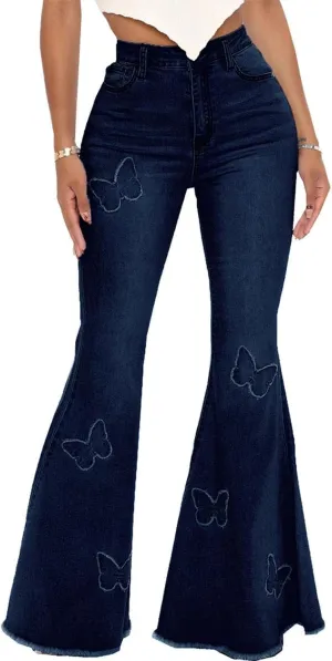 Women's Butterfly Bell Bottom Jeans Elastic High Waisted Embroidered Classic Flareed Jeans Raw Hem Denim Pants with Pocket