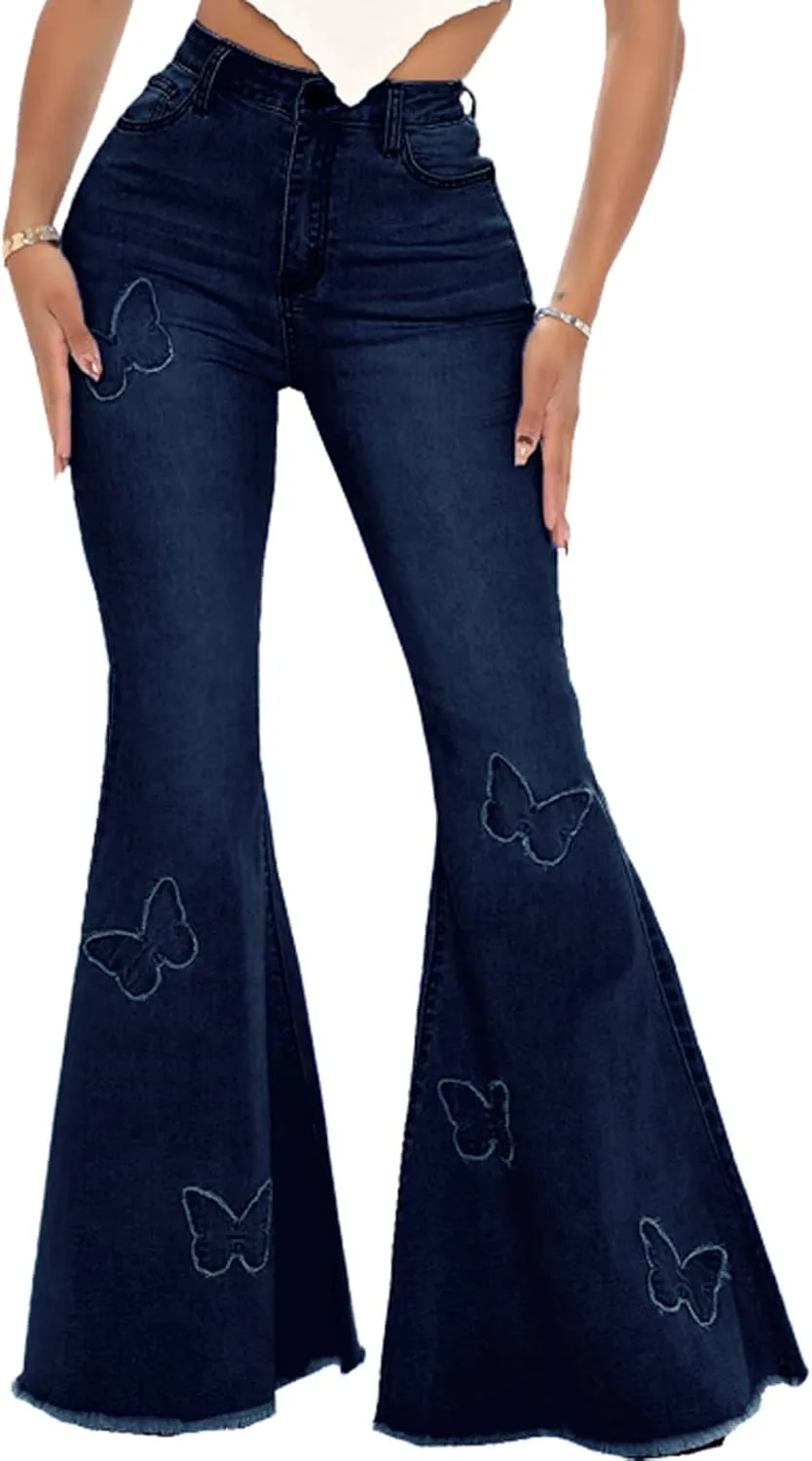 Women's Butterfly Bell Bottom Jeans Elastic High Waisted Embroidered Classic Flareed Jeans Raw Hem Denim Pants with Pocket