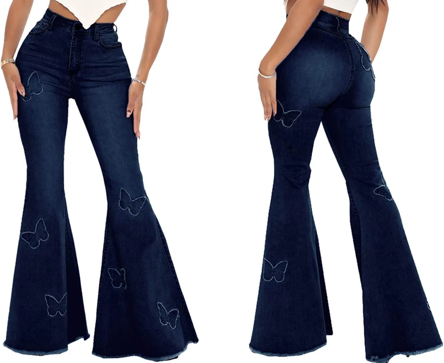 Women's Butterfly Bell Bottom Jeans Elastic High Waisted Embroidered Classic Flareed Jeans Raw Hem Denim Pants with Pocket