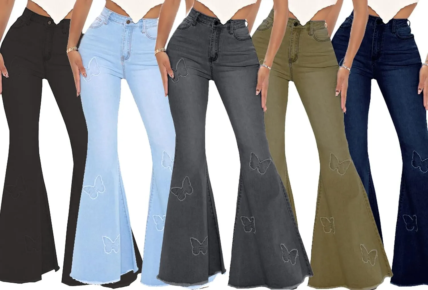 Women's Butterfly Bell Bottom Jeans Elastic High Waisted Embroidered Classic Flareed Jeans Raw Hem Denim Pants with Pocket