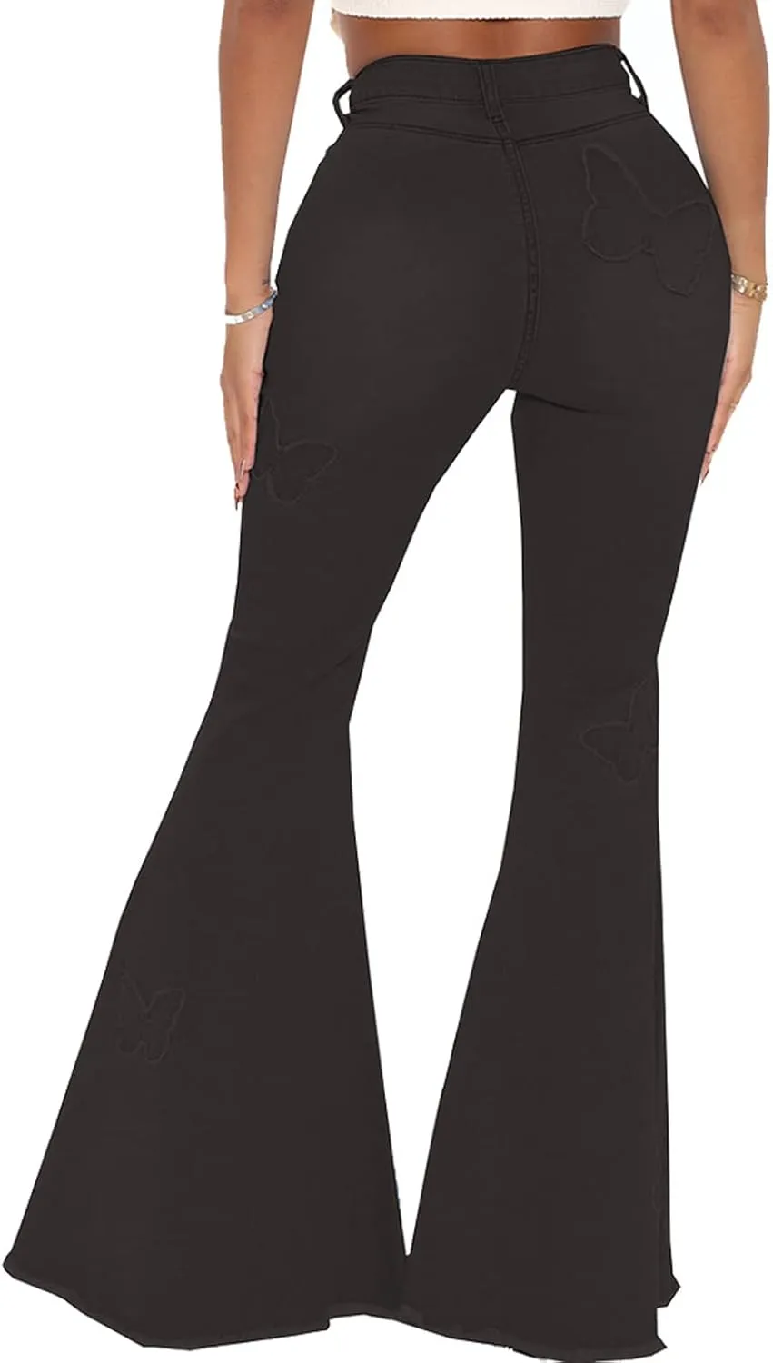 Women's Butterfly Bell Bottom Jeans Elastic High Waisted Embroidered Classic Flareed Jeans Raw Hem Denim Pants with Pocket