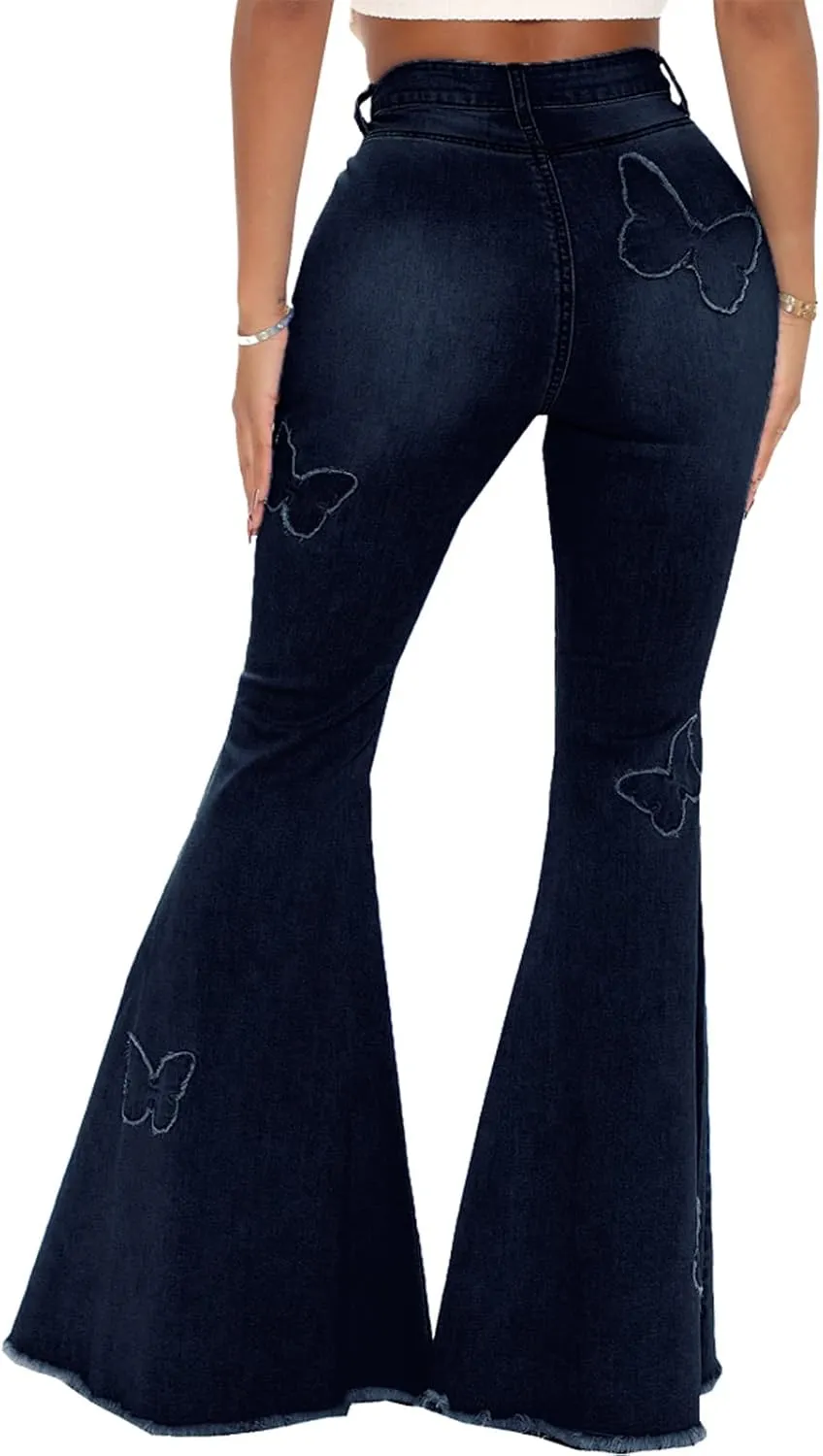 Women's Butterfly Bell Bottom Jeans Elastic High Waisted Embroidered Classic Flareed Jeans Raw Hem Denim Pants with Pocket
