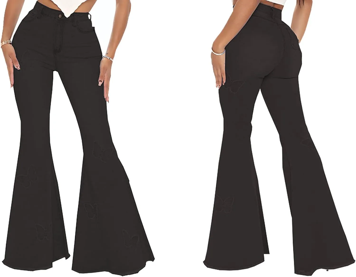 Women's Butterfly Bell Bottom Jeans Elastic High Waisted Embroidered Classic Flareed Jeans Raw Hem Denim Pants with Pocket