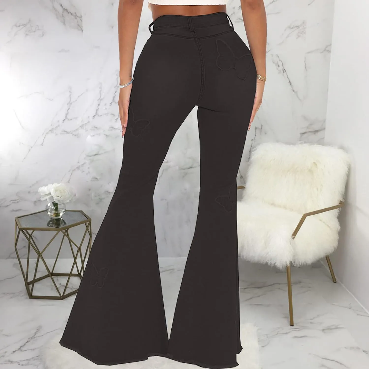 Women's Butterfly Bell Bottom Jeans Elastic High Waisted Embroidered Classic Flareed Jeans Raw Hem Denim Pants with Pocket