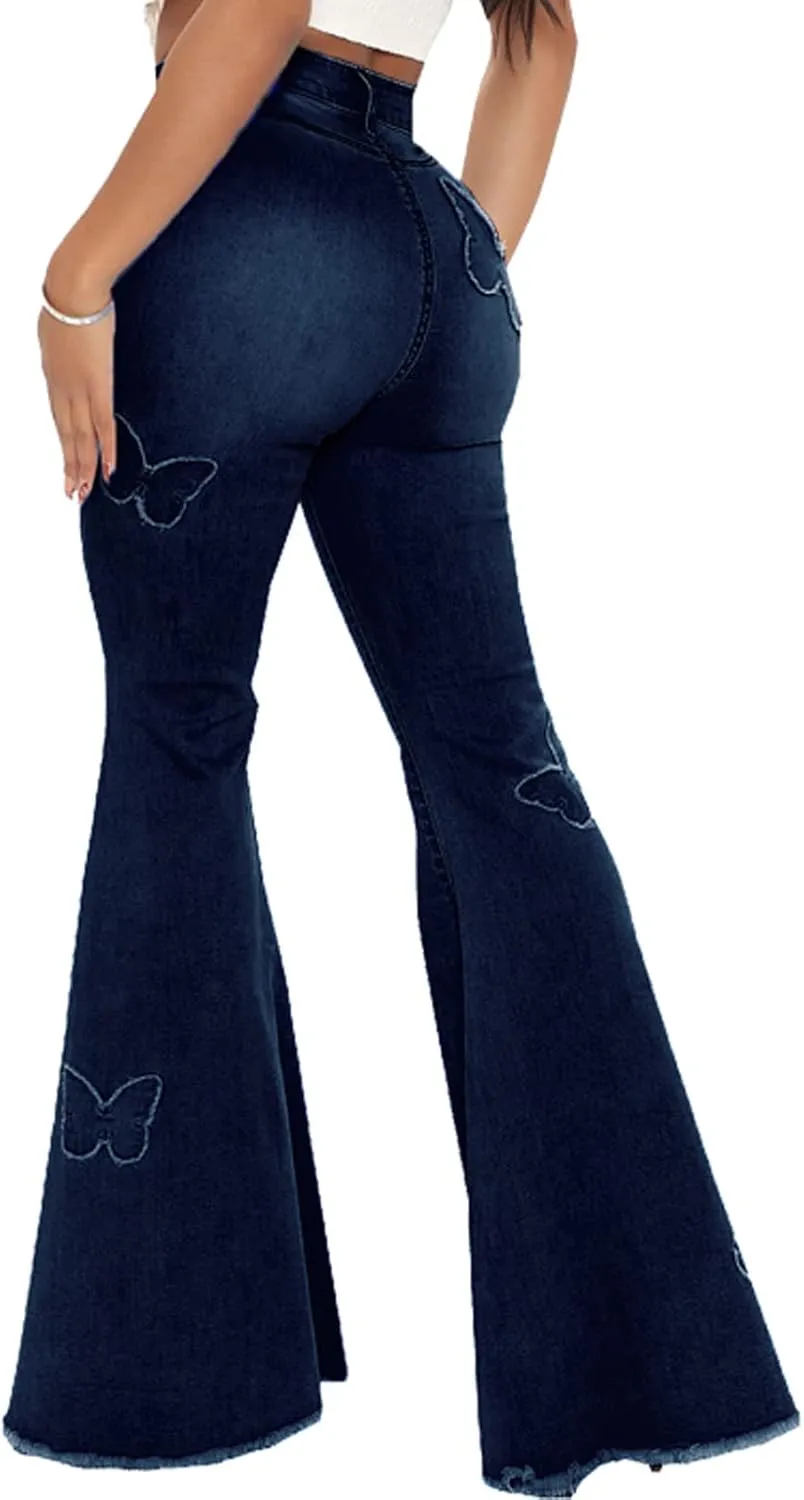 Women's Butterfly Bell Bottom Jeans Elastic High Waisted Embroidered Classic Flareed Jeans Raw Hem Denim Pants with Pocket