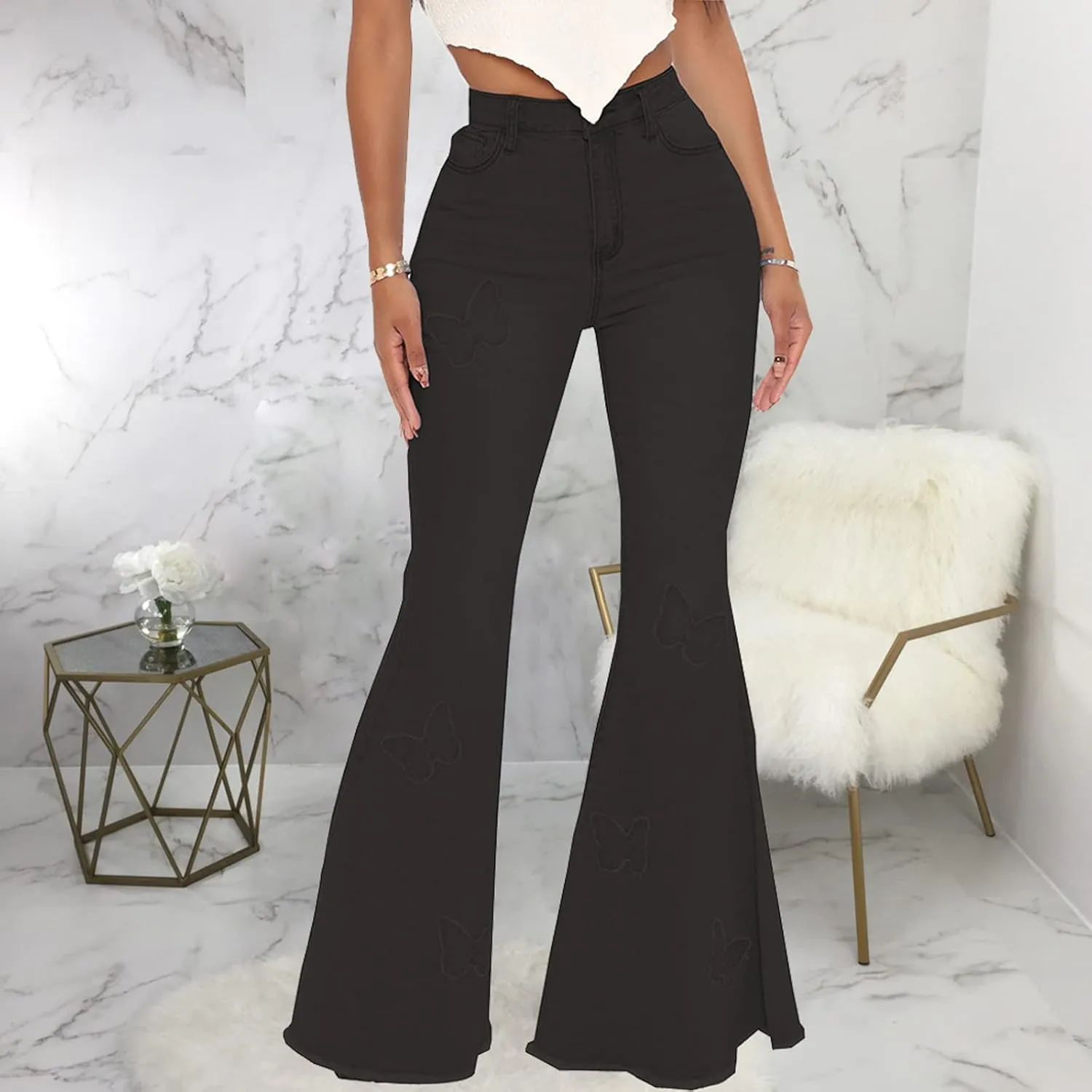 Women's Butterfly Bell Bottom Jeans Elastic High Waisted Embroidered Classic Flareed Jeans Raw Hem Denim Pants with Pocket