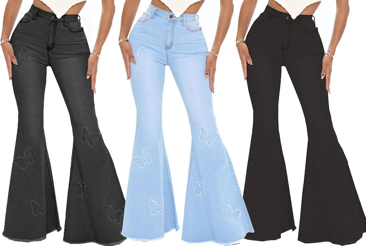 Women's Butterfly Bell Bottom Jeans Elastic High Waisted Embroidered Classic Flareed Jeans Raw Hem Denim Pants with Pocket