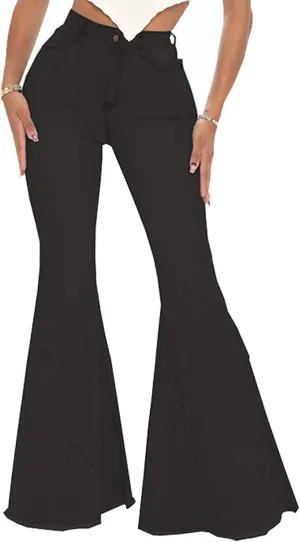 Women's Butterfly Bell Bottom Jeans Elastic High Waisted Embroidered Classic Flareed Jeans Raw Hem Denim Pants with Pocket