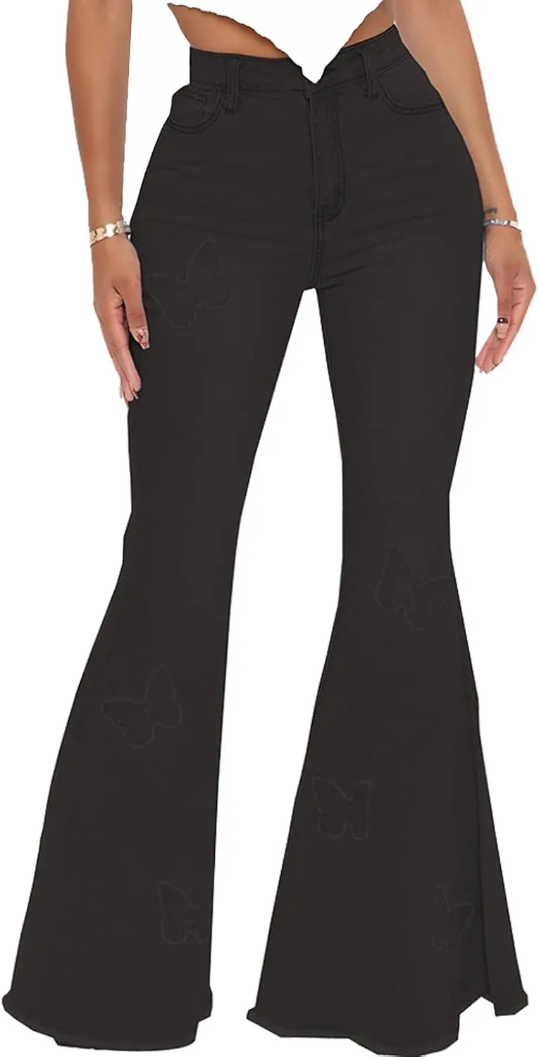 Women's Butterfly Bell Bottom Jeans Elastic High Waisted Embroidered Classic Flareed Jeans Raw Hem Denim Pants with Pocket