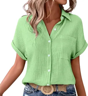 Womens Button Down Linen Shirt Short Batwing Sleeve Cotton Blouse Summer Loose Fit Beach Tops with Patched Pocket