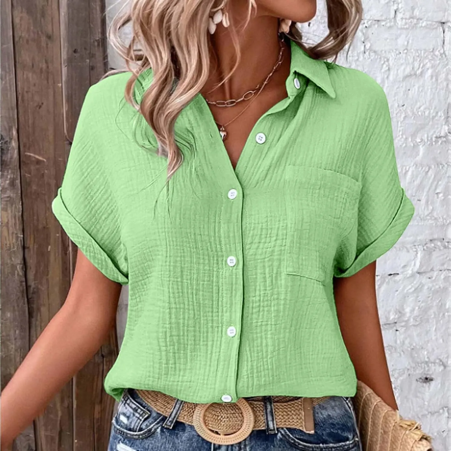 Womens Button Down Linen Shirt Short Batwing Sleeve Cotton Blouse Summer Loose Fit Beach Tops with Patched Pocket