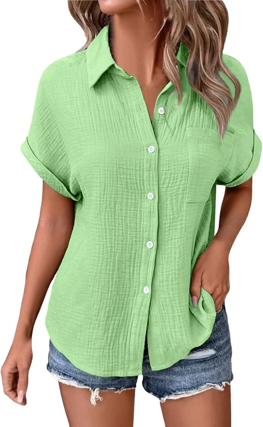 Womens Button Down Linen Shirt Short Batwing Sleeve Cotton Blouse Summer Loose Fit Beach Tops with Patched Pocket