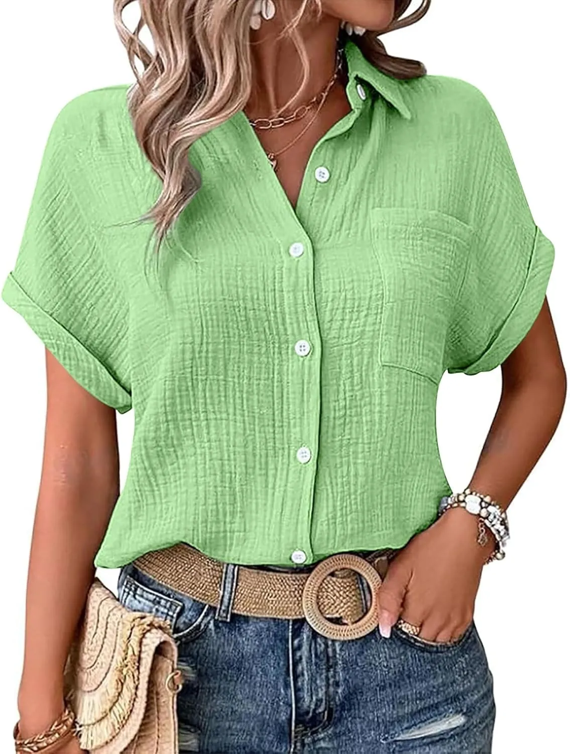 Womens Button Down Linen Shirt Short Batwing Sleeve Cotton Blouse Summer Loose Fit Beach Tops with Patched Pocket