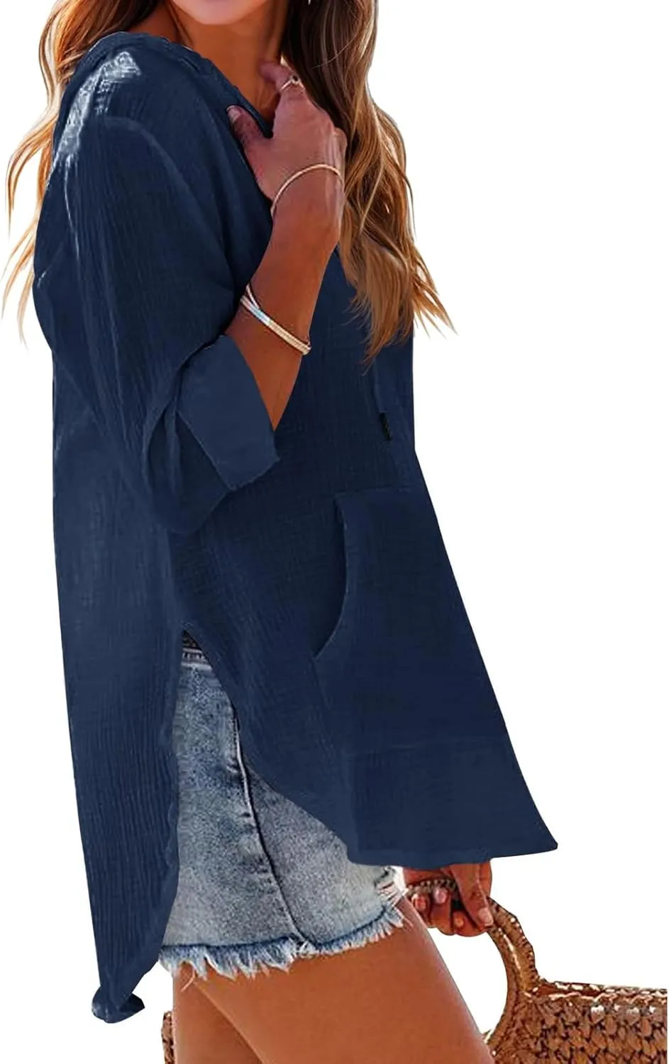 Women's Casual Lightweight Hoodies Linen Long Sleeve V Neck Pullover Sweatshirts Loose Fit Drawstring Tops Beachwear