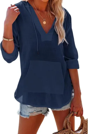 Women's Casual Lightweight Hoodies Linen Long Sleeve V Neck Pullover Sweatshirts Loose Fit Drawstring Tops Beachwear