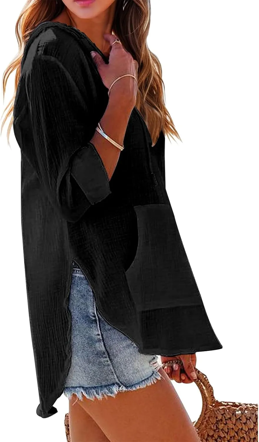 Women's Casual Lightweight Hoodies Linen Long Sleeve V Neck Pullover Sweatshirts Loose Fit Drawstring Tops Beachwear