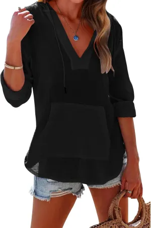 Women's Casual Lightweight Hoodies Linen Long Sleeve V Neck Pullover Sweatshirts Loose Fit Drawstring Tops Beachwear