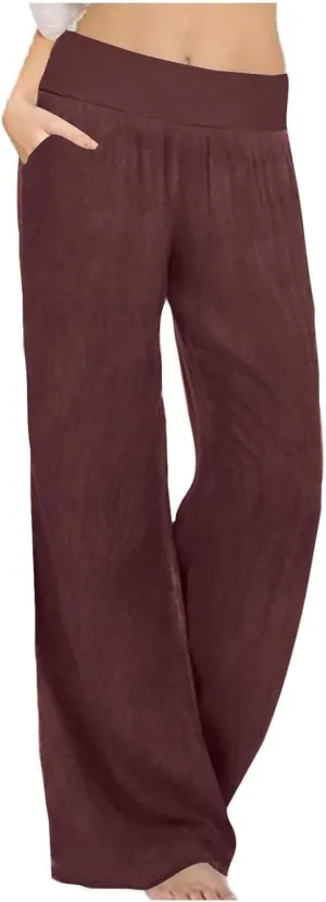 Womens Casual Palazzo Pants Trendy Mid Rise Straight Wide Leg Lightweight Ladies Relaxed Fit Lounge Trousers Vacation