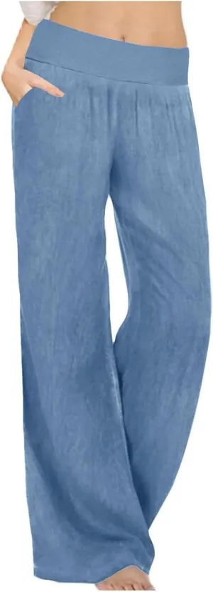 Womens Casual Palazzo Pants Trendy Mid Rise Straight Wide Leg Lightweight Ladies Relaxed Fit Lounge Trousers Vacation