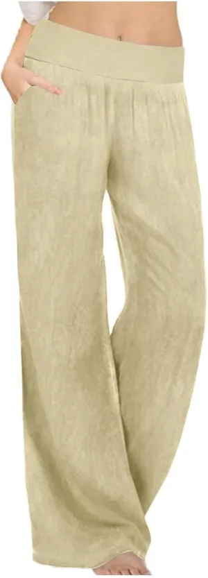 Womens Casual Palazzo Pants Trendy Mid Rise Straight Wide Leg Lightweight Ladies Relaxed Fit Lounge Trousers Vacation