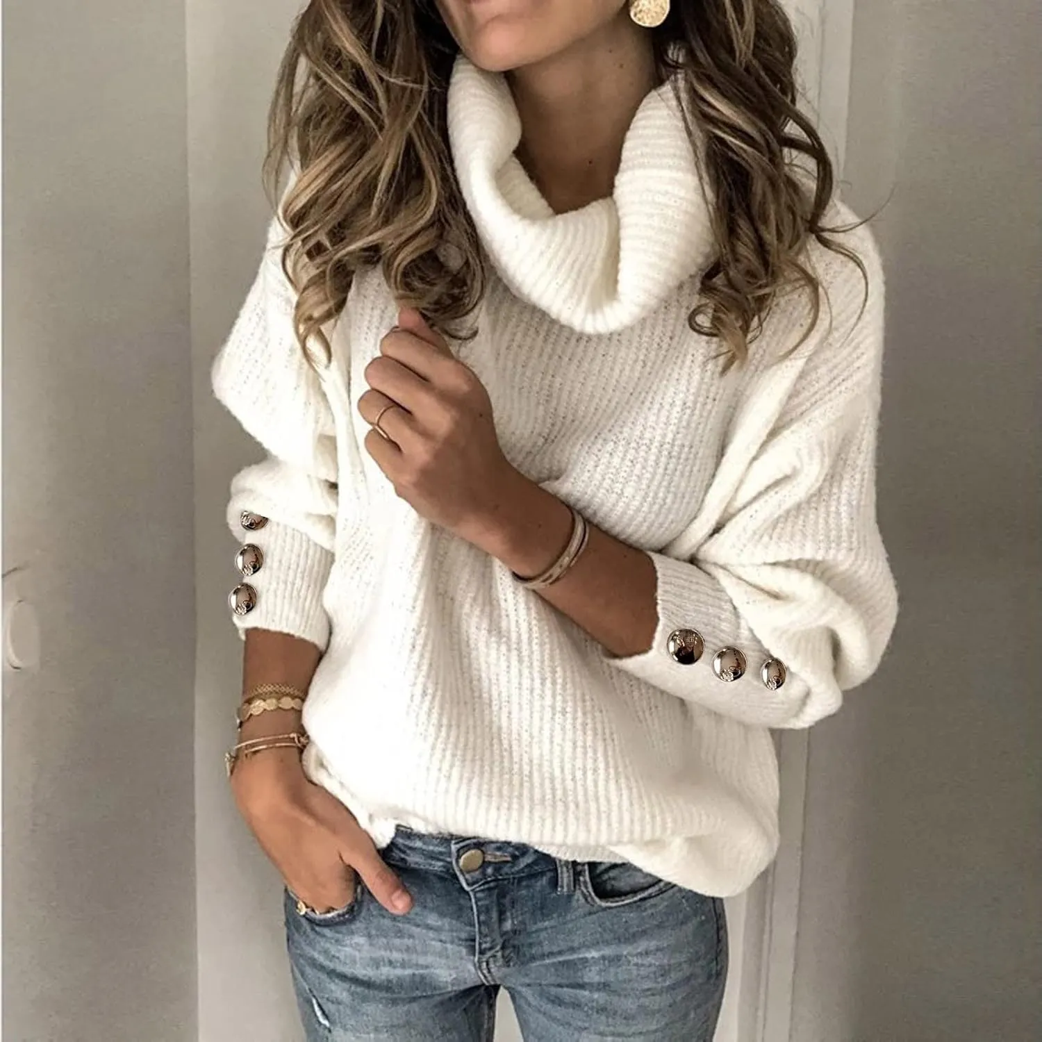 Womens Chunky Knit Sweater Turtleneck Long Sleeve Top Long Sleeve Casual Sweater Sweaters for Trendy Fall Fashion