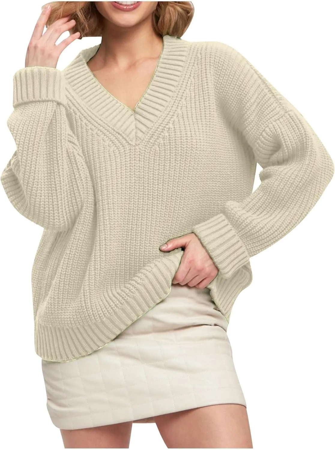 Womens Chunky Sweaters Fall 2024 Fashion V Neck Long Sleeve Knitted Sweaters Pullover Tops Soft Cozy Comfy Knitwear