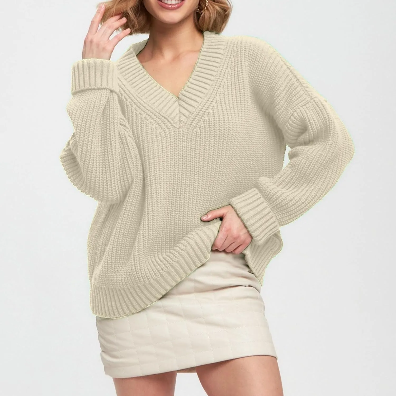 Womens Chunky Sweaters Fall 2024 Fashion V Neck Long Sleeve Knitted Sweaters Pullover Tops Soft Cozy Comfy Knitwear