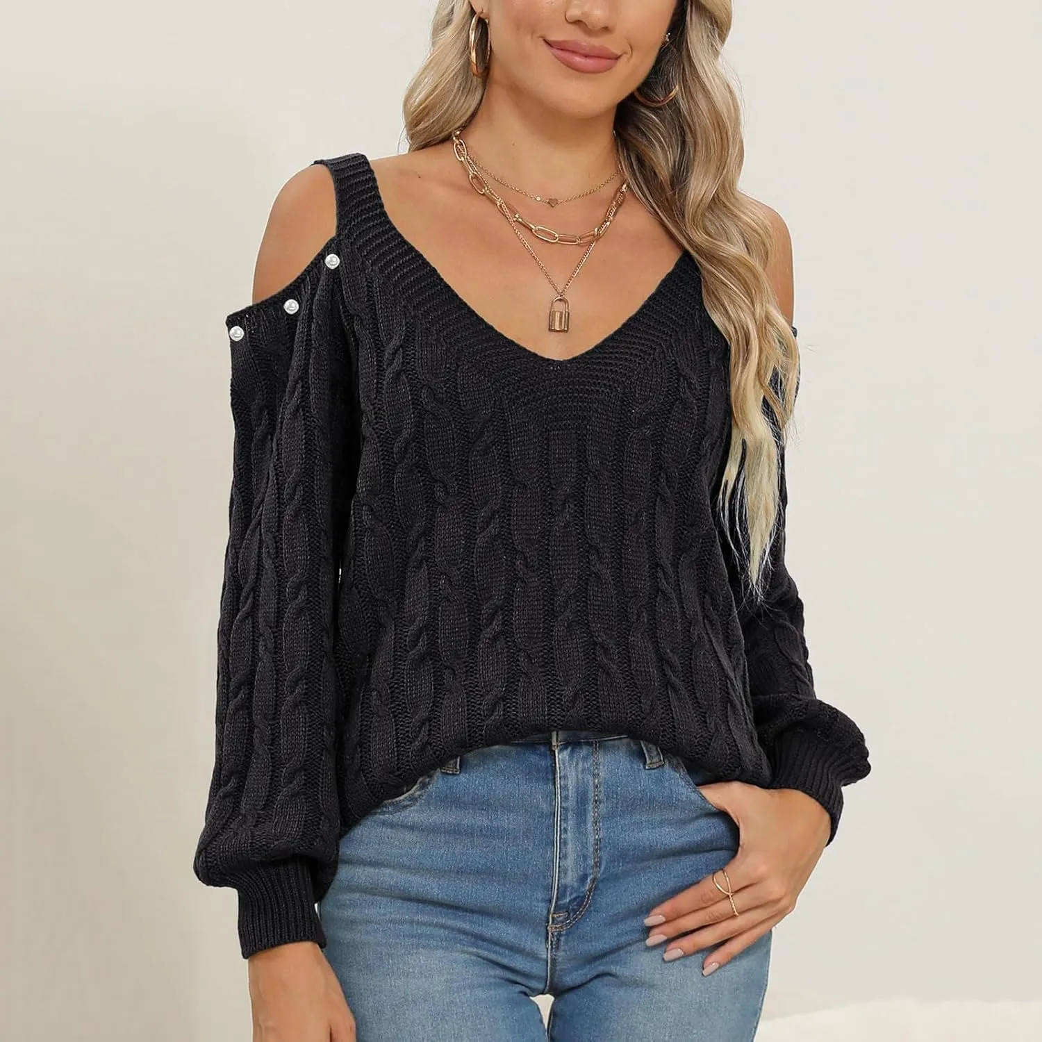 Women's Cold Shoulder Pullover Sweater Tops Long Sleeve Neck Fall Tunic Shirts Trendy Dressy Cute Blouse Plus Size