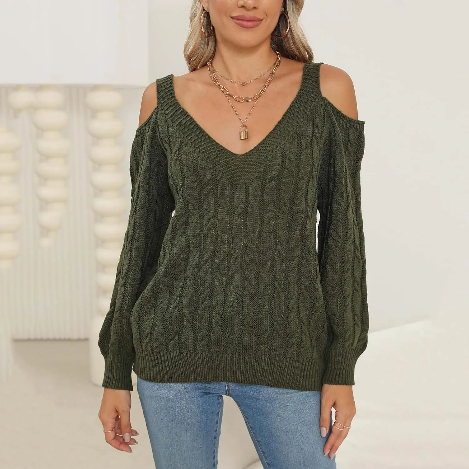Women's Cold Shoulder Pullover Sweater Tops Long Sleeve Neck Fall Tunic Shirts Trendy Dressy Cute Blouse Plus Size