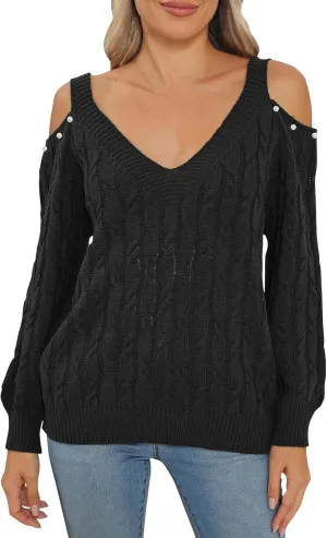 Women's Cold Shoulder Pullover Sweater Tops Long Sleeve Neck Fall Tunic Shirts Trendy Dressy Cute Blouse Plus Size
