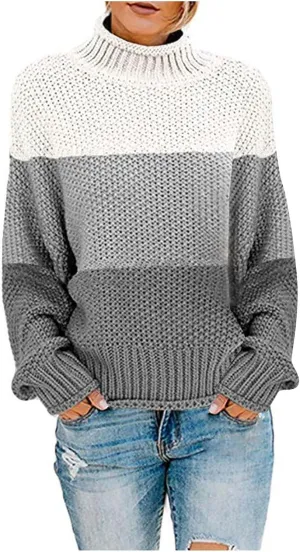 Womens Color Block Sweater Long Sleeve Knitted Sweater Turtleneck Sweater Casual Trendy Sweater Loose Fitting Sweater