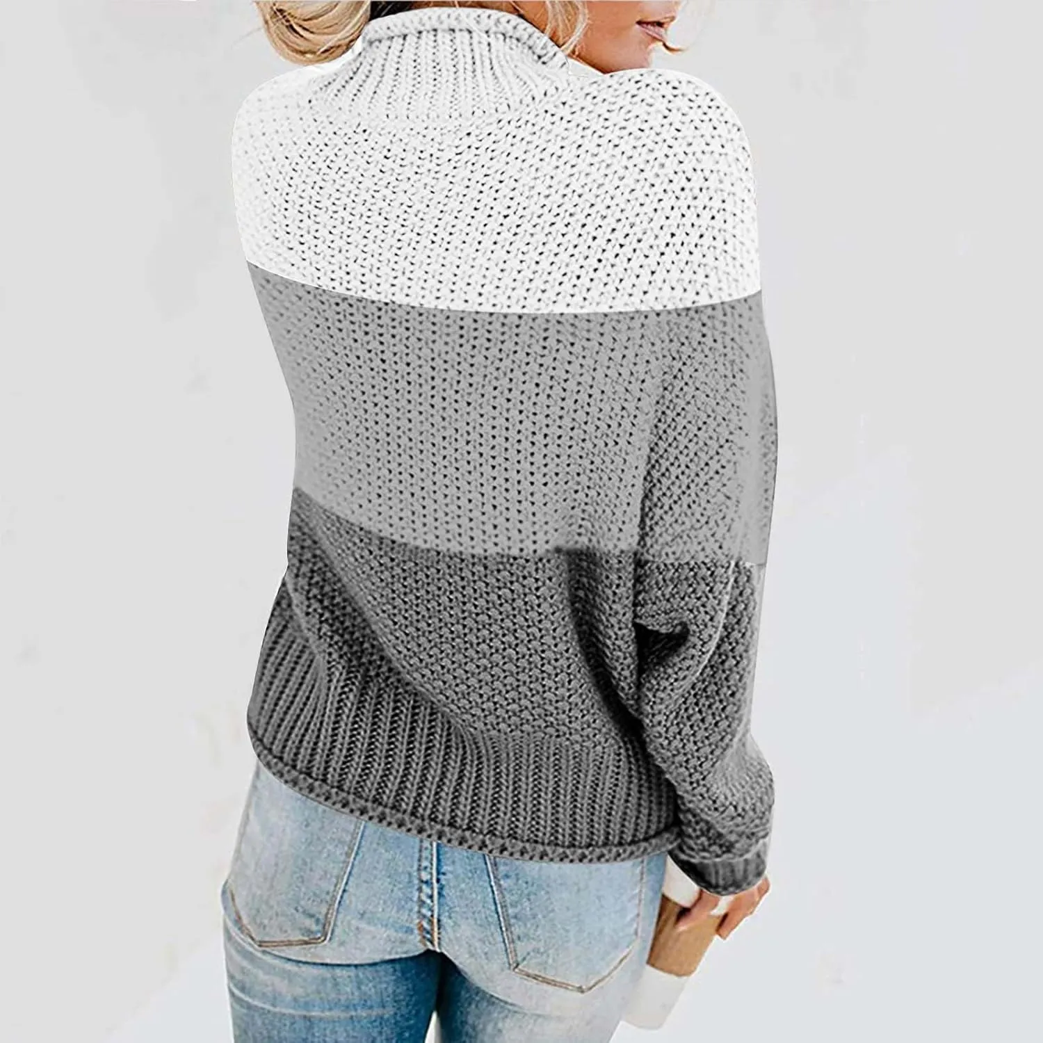 Womens Color Block Sweater Long Sleeve Knitted Sweater Turtleneck Sweater Casual Trendy Sweater Loose Fitting Sweater