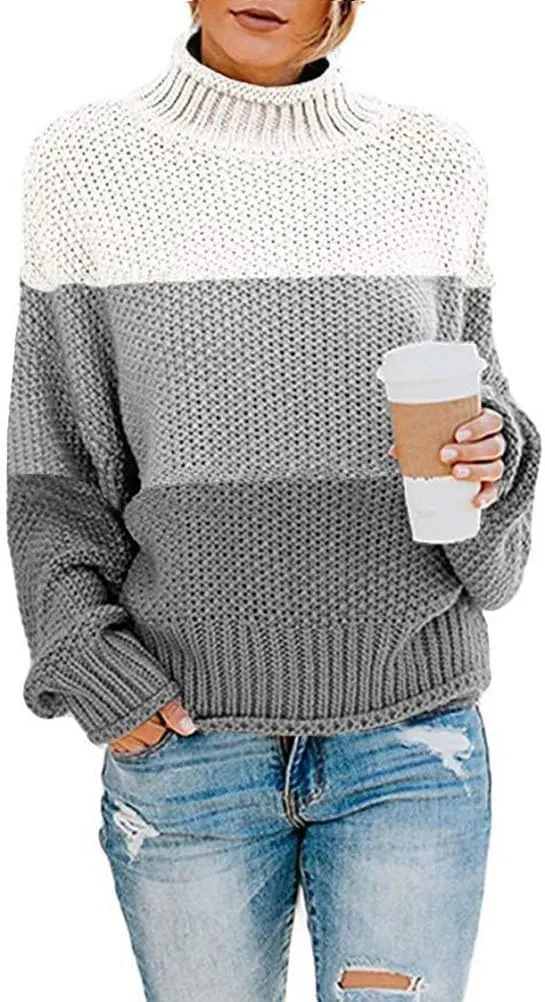 Womens Color Block Sweater Long Sleeve Knitted Sweater Turtleneck Sweater Casual Trendy Sweater Loose Fitting Sweater