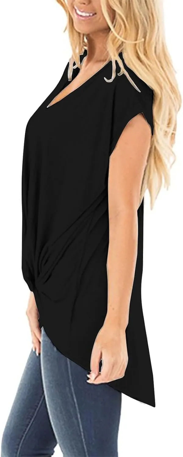 Women's Comfy Casual Summer Tops Short Sleeve V Neck Draped Blouses Front Twist Knot Loose Fitted Tees