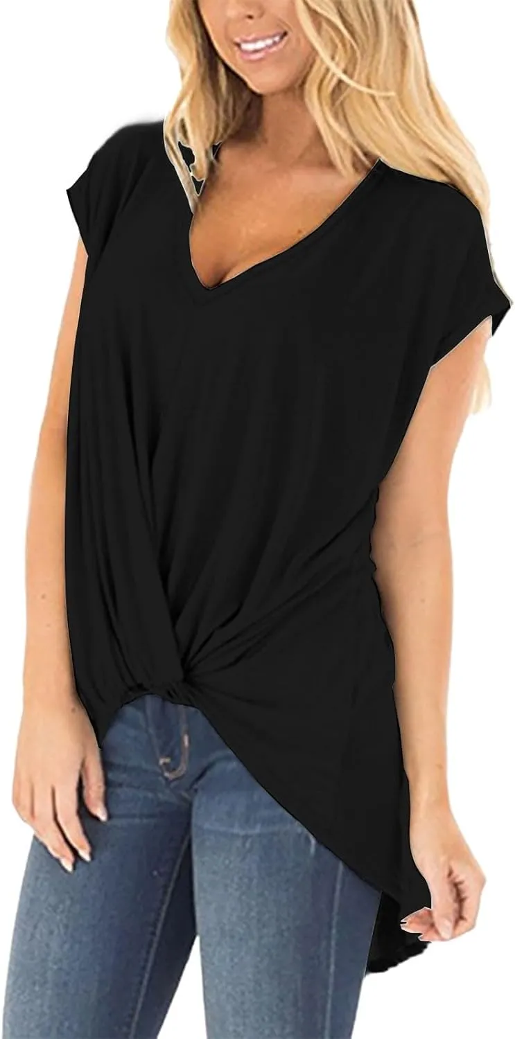 Women's Comfy Casual Summer Tops Short Sleeve V Neck Draped Blouses Front Twist Knot Loose Fitted Tees