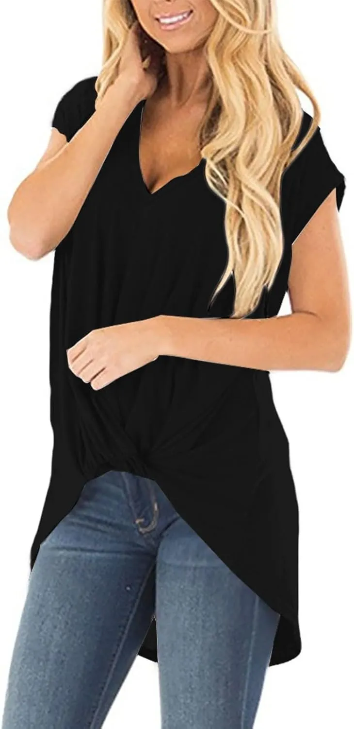 Women's Comfy Casual Summer Tops Short Sleeve V Neck Draped Blouses Front Twist Knot Loose Fitted Tees