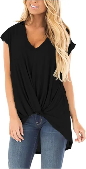 Women's Comfy Casual Summer Tops Short Sleeve V Neck Draped Blouses Front Twist Knot Loose Fitted Tees