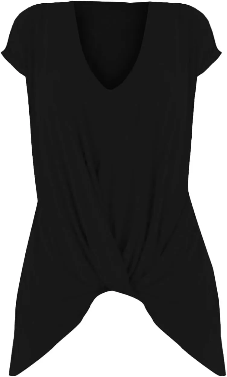 Women's Comfy Casual Summer Tops Short Sleeve V Neck Draped Blouses Front Twist Knot Loose Fitted Tees