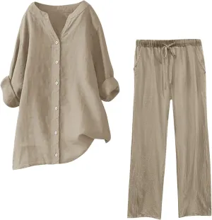 Womens Cotton Linen 2 Piece Outfit Roll Up Long Sleeve Crewneck Button Tops Wide Leg Pants Summer Casual Set Plus Size