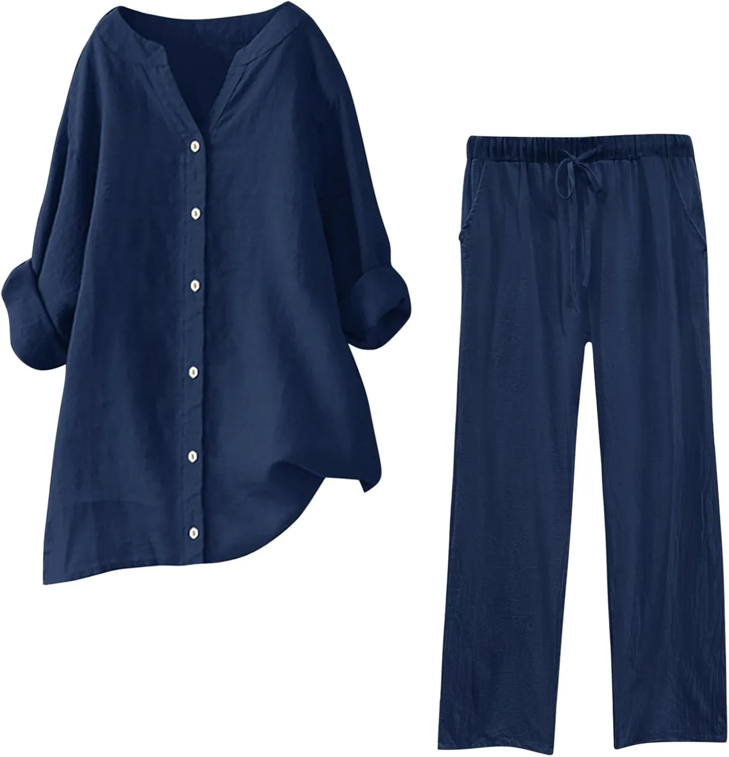 Womens Cotton Linen 2 Piece Outfit Roll Up Long Sleeve Crewneck Button Tops Wide Leg Pants Summer Casual Set Plus Size