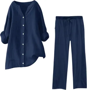 Womens Cotton Linen 2 Piece Outfit Roll Up Long Sleeve Crewneck Button Tops Wide Leg Pants Summer Casual Set Plus Size