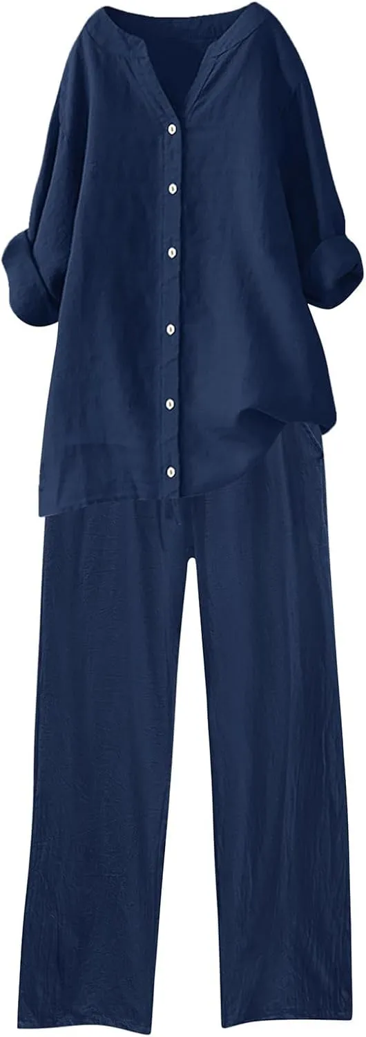 Womens Cotton Linen 2 Piece Outfit Roll Up Long Sleeve Crewneck Button Tops Wide Leg Pants Summer Casual Set Plus Size