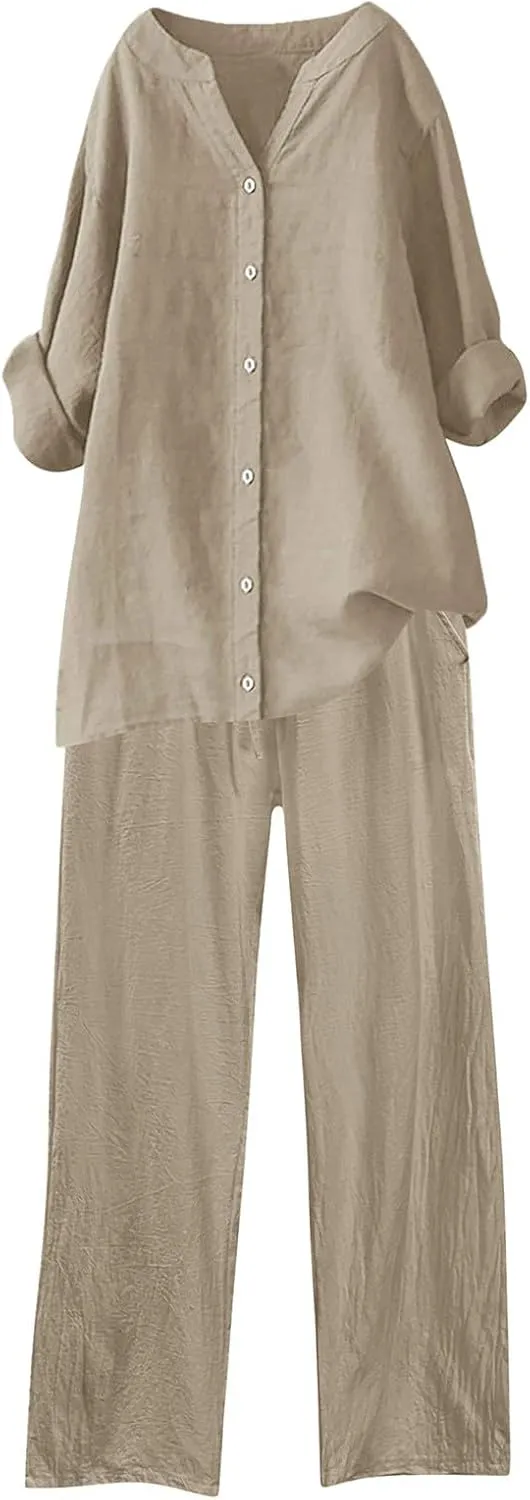 Womens Cotton Linen 2 Piece Outfit Roll Up Long Sleeve Crewneck Button Tops Wide Leg Pants Summer Casual Set Plus Size