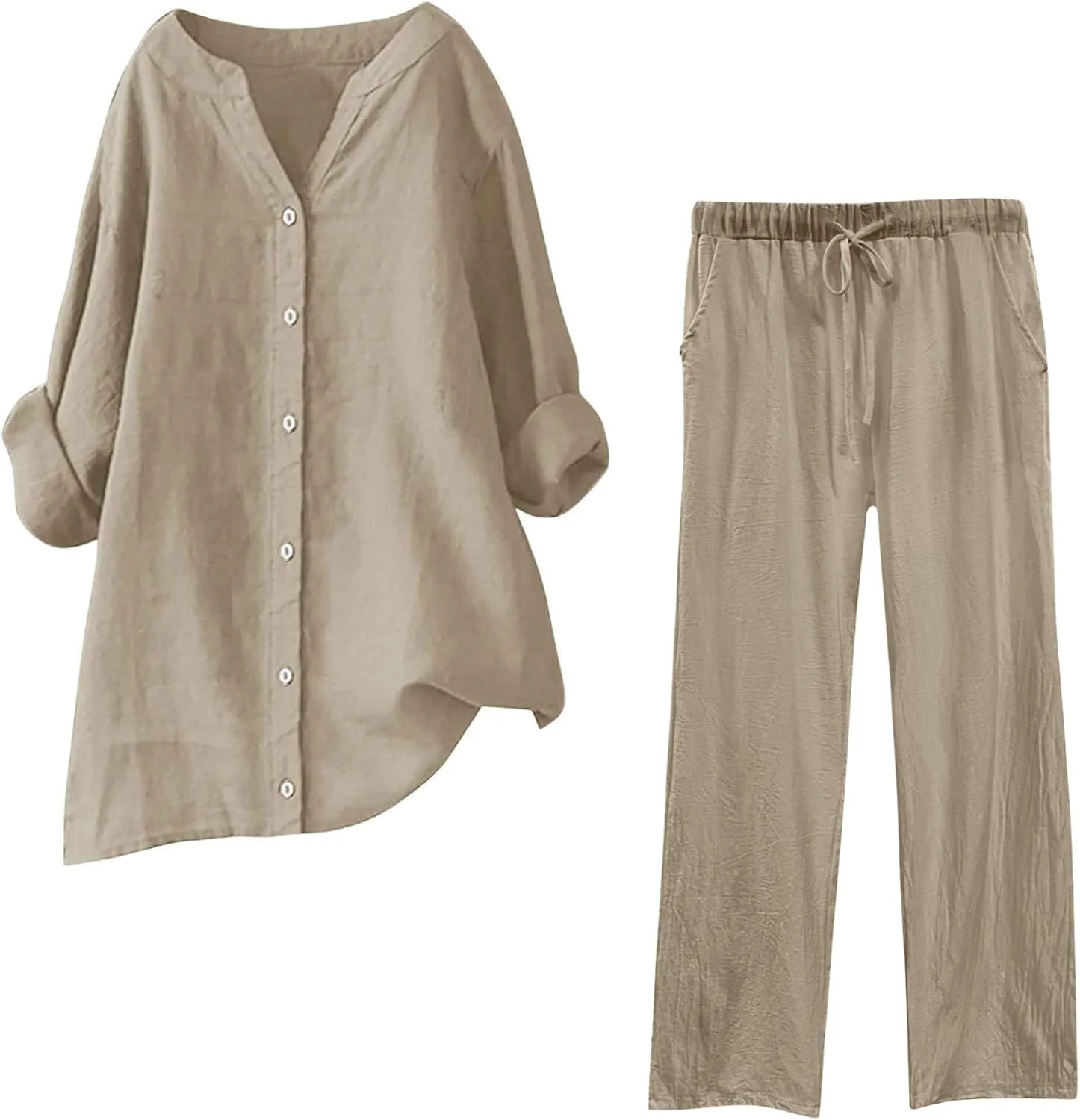Womens Cotton Linen 2 Piece Outfit Roll Up Long Sleeve Crewneck Button Tops Wide Leg Pants Summer Casual Set Plus Size