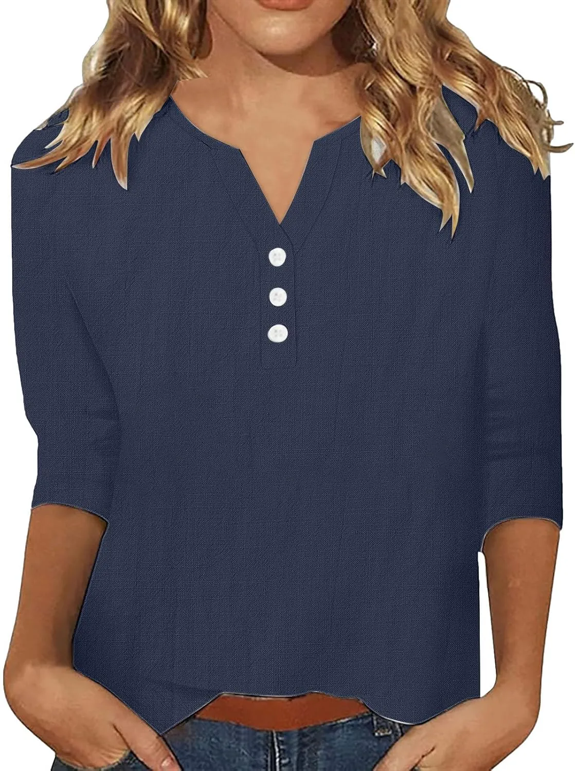 Womens Cotton Linen 3/4 Sleeve Tops Button Down Casual V Neck Tshirt Solid Color Basic Tee Shirts Summer Tunic Blouse