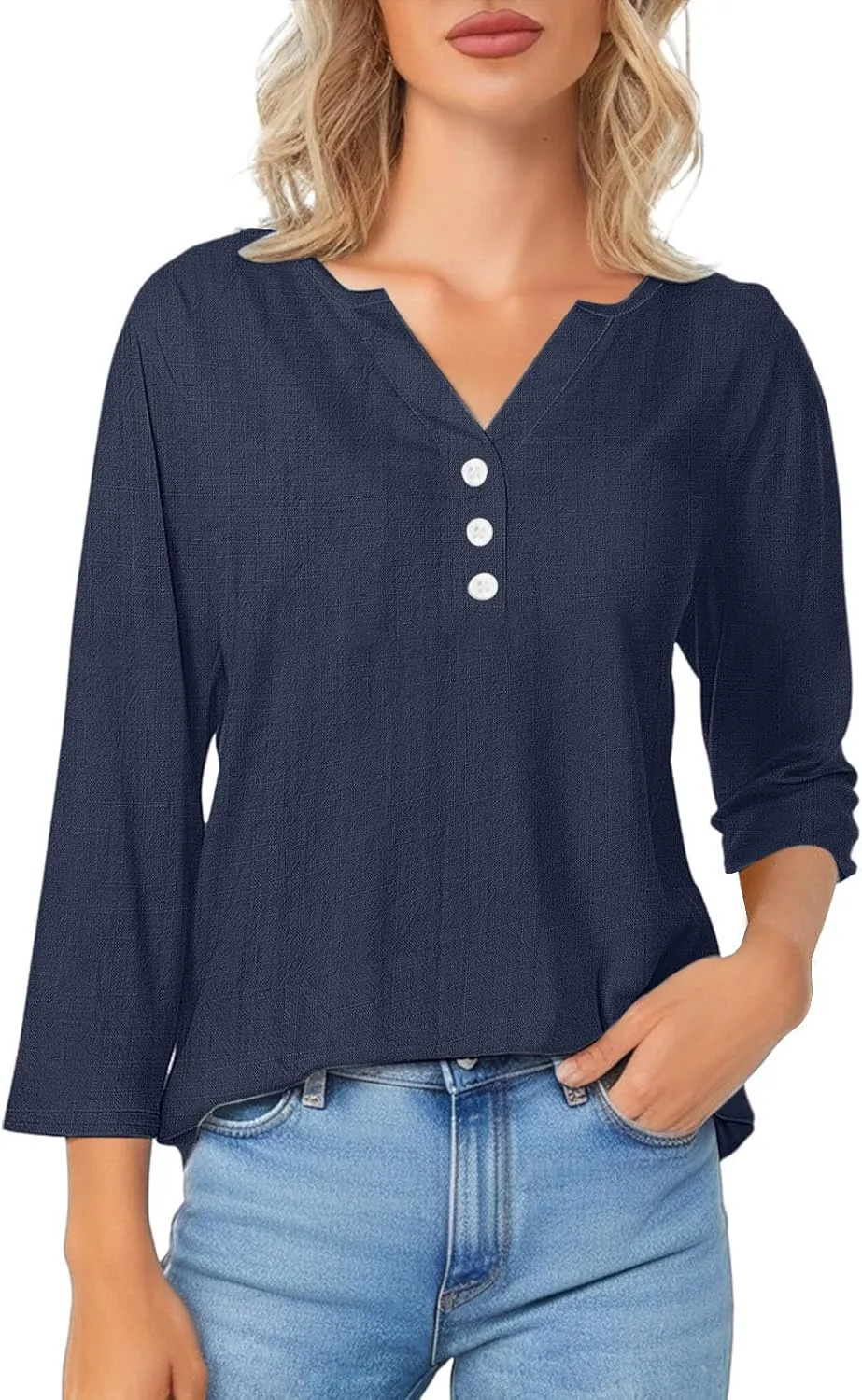 Womens Cotton Linen 3/4 Sleeve Tops Button Down Casual V Neck Tshirt Solid Color Basic Tee Shirts Summer Tunic Blouse