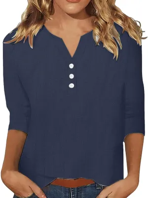 Womens Cotton Linen 3/4 Sleeve Tops Button Down Casual V Neck Tshirt Solid Color Basic Tee Shirts Summer Tunic Blouse